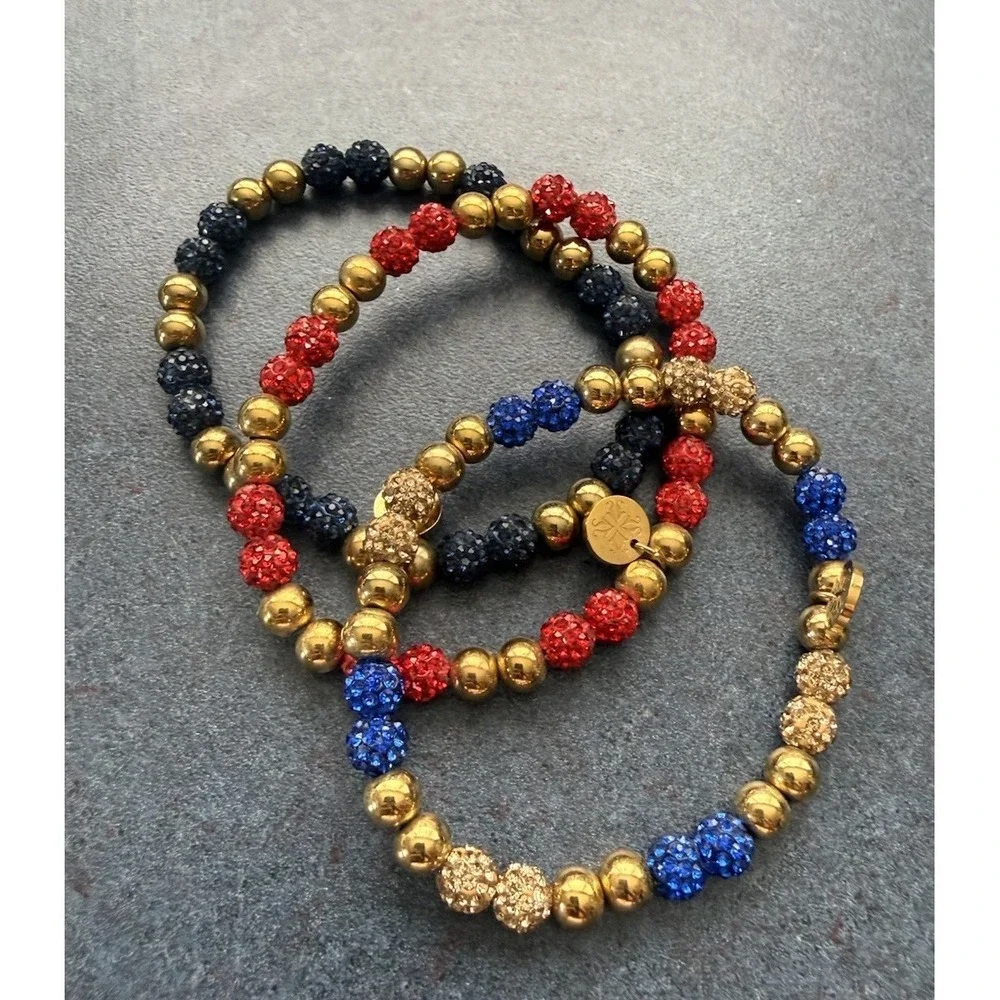 Rustic Cuff Beaded Bracelet Gold w/ Red Navy Royal Blue Set of 3 Logo Charm